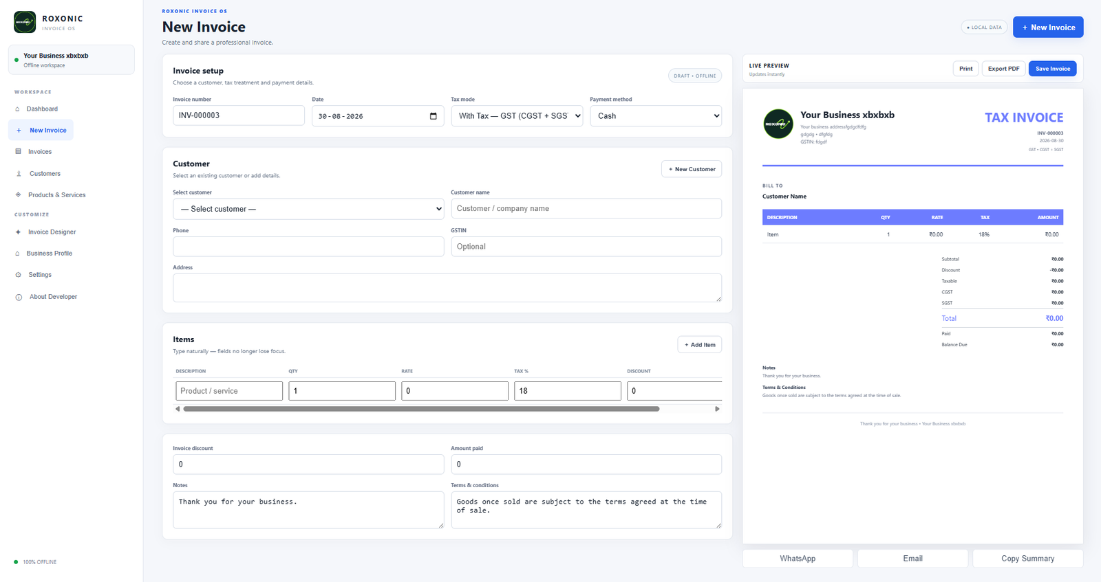 Roxonic Invoice Software screenshot